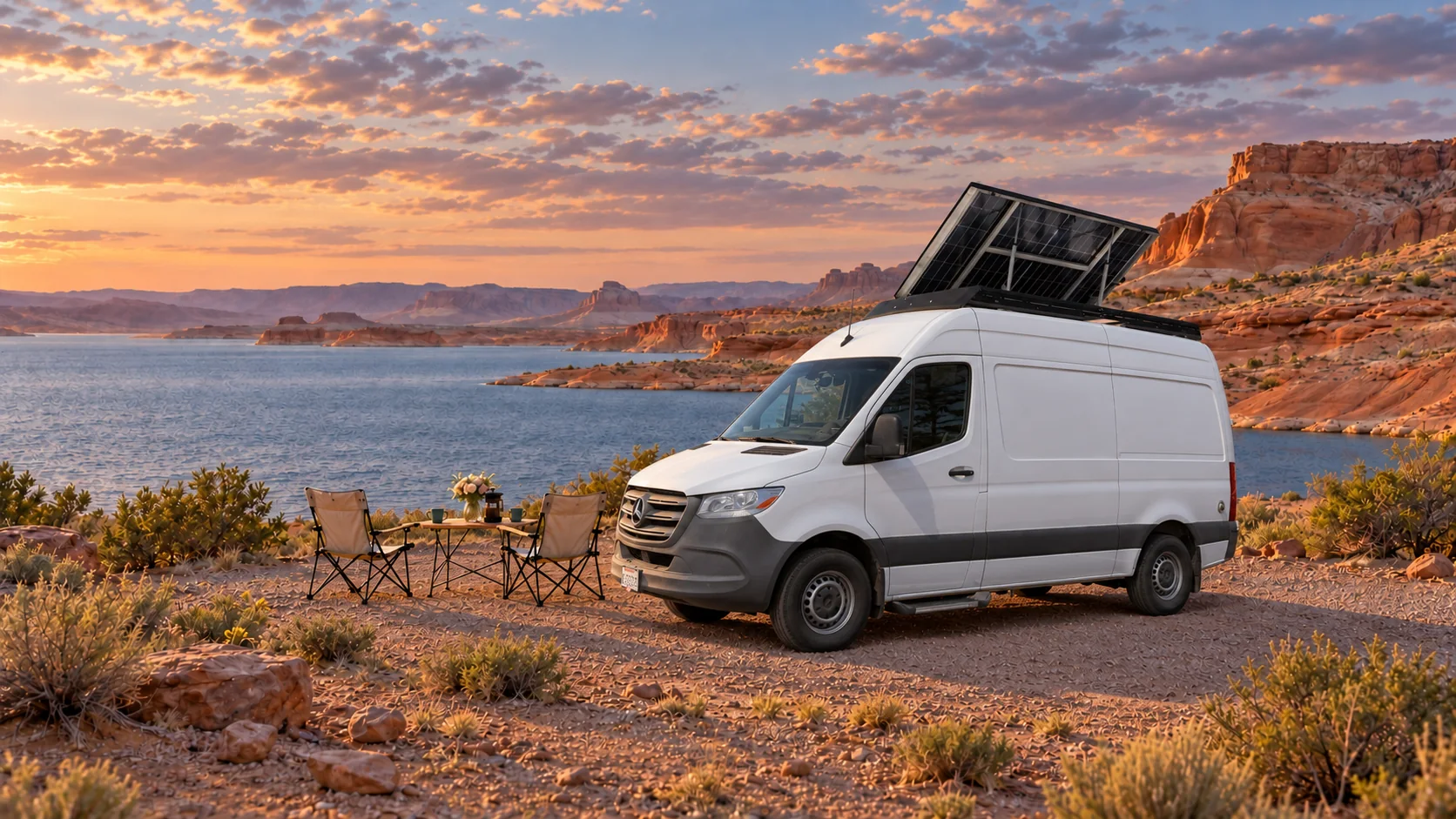 A white camper van with its rooftop solar panel deployed at a canyon lakeside campsite at sunset