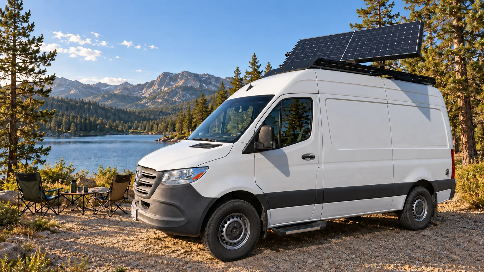 A white high-roof van at a lakeside campsite, its roof tracker tilted open to one side, with mountains and pine forest behind