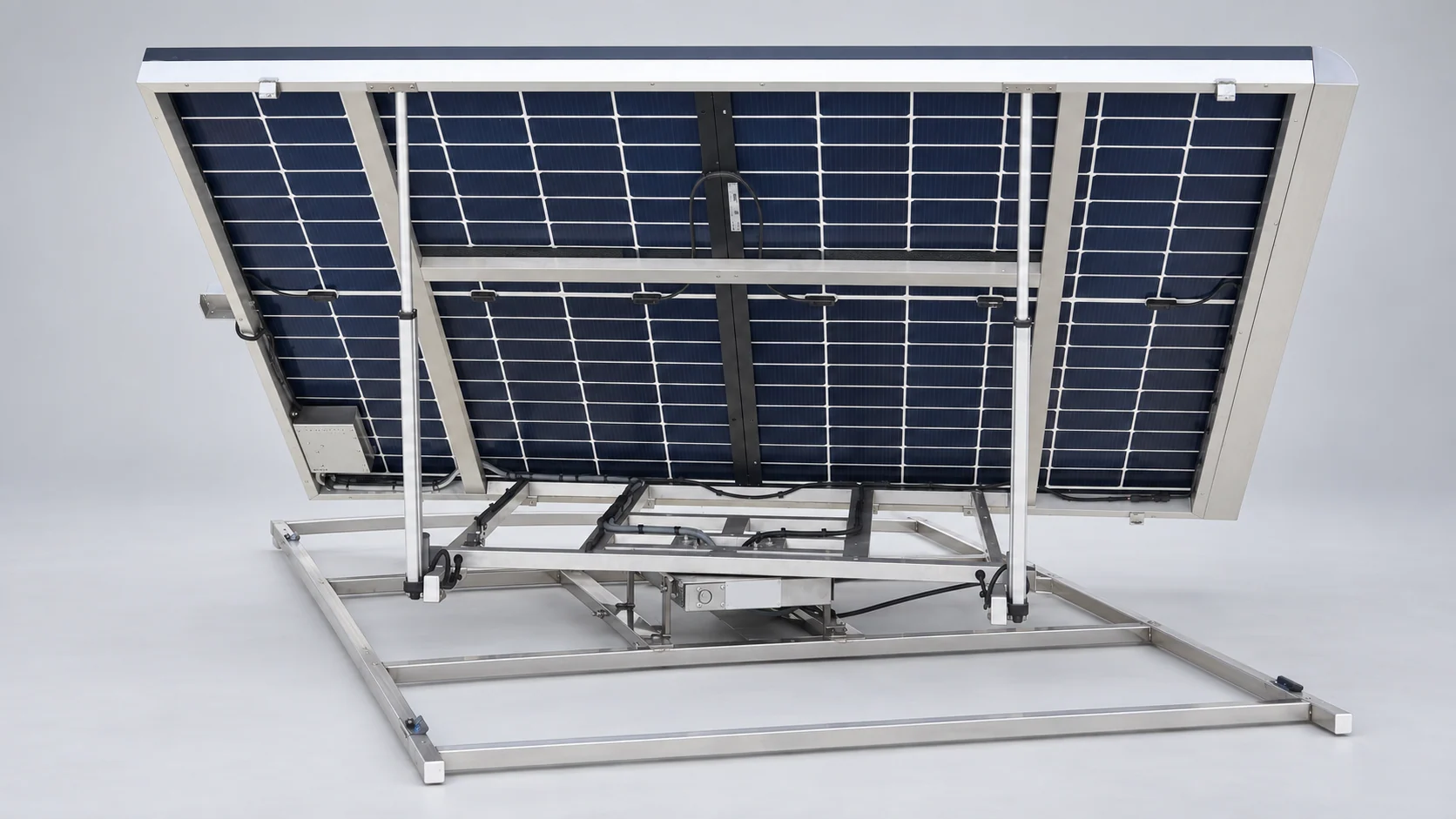 910 W assembly rear view with support actuators, base frame and short panel interconnects