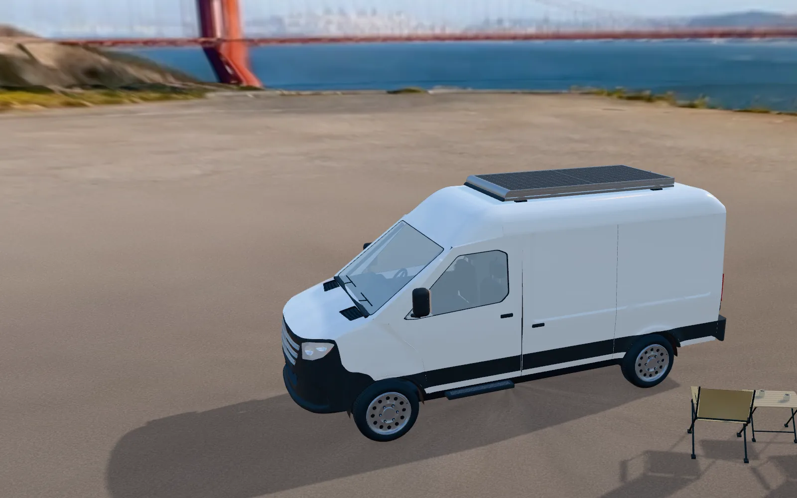 A white van on the California coast at dawn, its rooftop tracking array stowed, the Golden Gate Bridge behind it